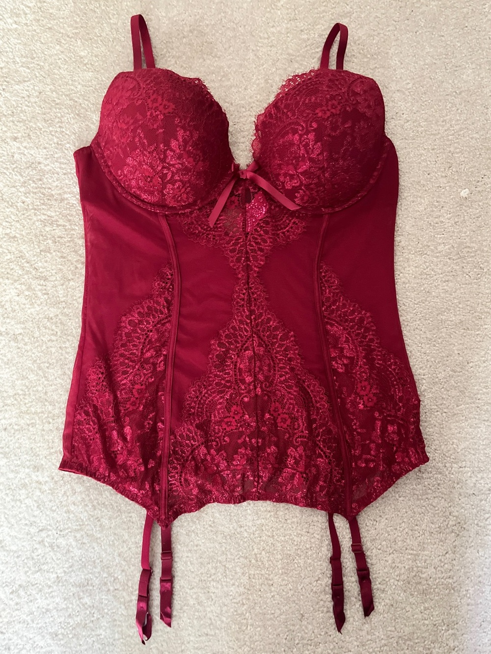 La Senza Red Lace & Mesh Bustier Corset with Garter Straps - XL